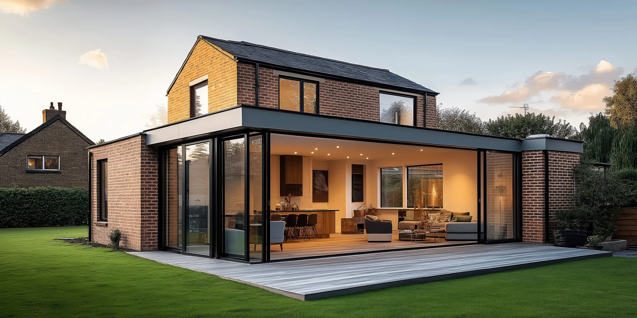 modern house extension with large glass sliding doors opening spacious living area brick scaled